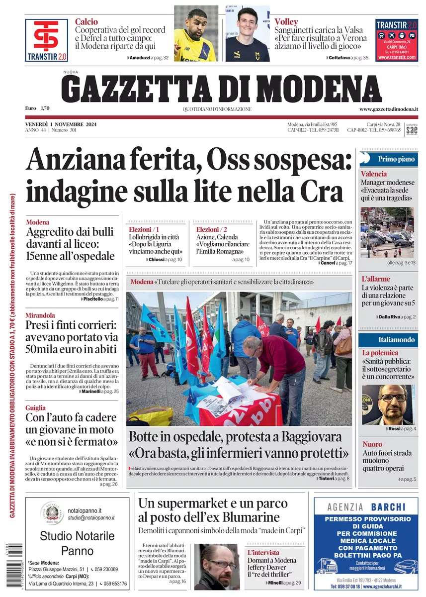 Prima-pagina-gazzetta di modena-oggi-edizione-del-2024-11-01